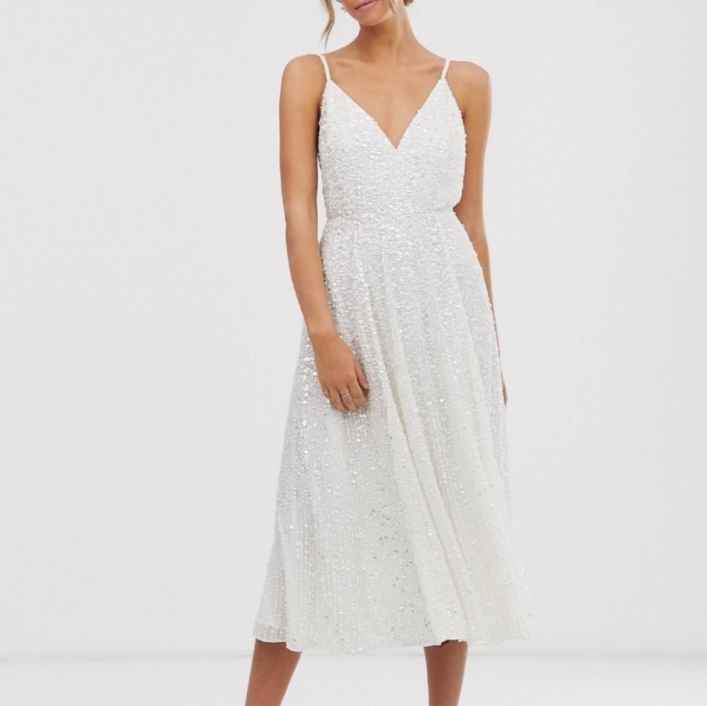 ASOS White Sequin Midi Dress, size 6